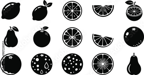 Black and white citrus fruit vector icon set, minimalist line art lemon orange pear lime slices, organic food graphic symbols