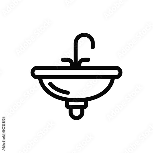 A simple black line drawing of a bathroom sink with a faucet on a white background