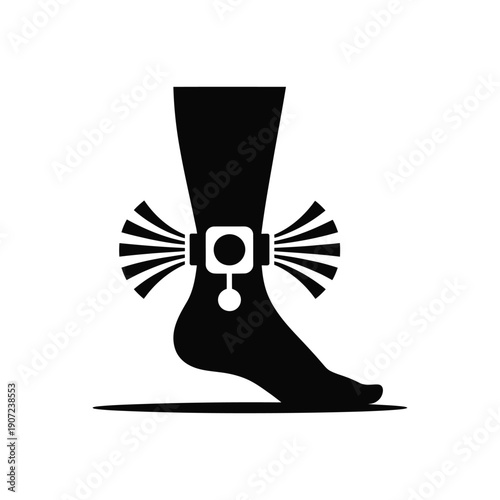 A black and white illustration of a foot with a unique device strapped around the ankle.