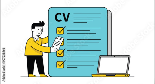 Vector illustration of man reviewing CV checklist on large document with laptop, job application concept