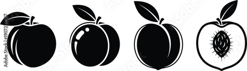 Black and white peach vector icon set, minimalist line art fresh nectarine silhouettes, organic food symbols for kitchen decor