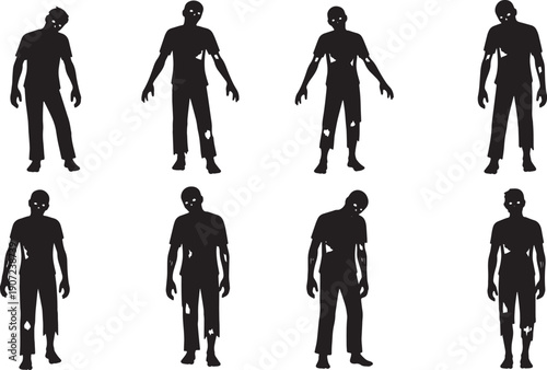 Black Solid Zombie Decomposition Silhouettes Set of Six on White Background