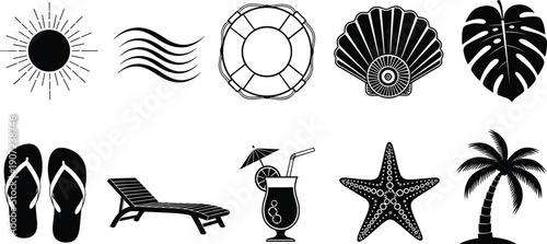 Black and white summer beach vector icon set, minimalist line art vacation symbols, sun waves seashell palm tree holiday ornaments