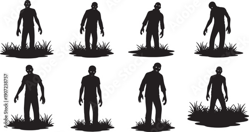 Black Solid Zombie Desert Setting Silhouettes Set of Six on White Background