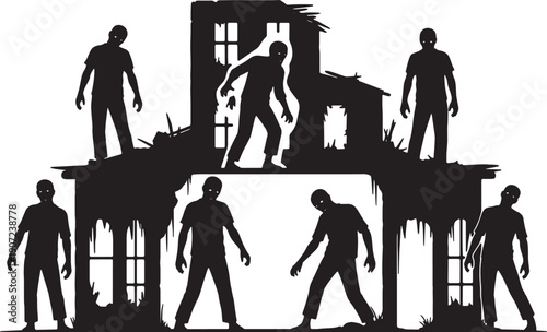 Black Solid Zombie Dilapidated Building Silhouettes Set of Six on White Background