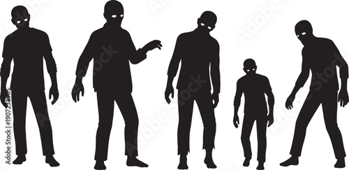 Black Solid Zombie Lurking in Shadows Silhouettes Set of Six on White Background