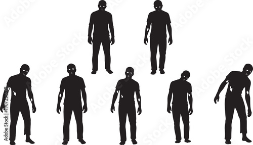 Black Solid Zombie Men Silhouettes Set of Six on White Background