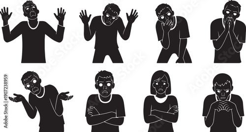 Black Solid Zombie Poses of Disgust Ironic Silhouettes Set of Six on White Background