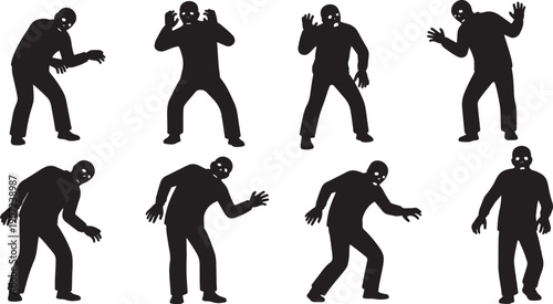 Black Solid Zombie Reacting to Noise Silhouettes Set of Six on White Background