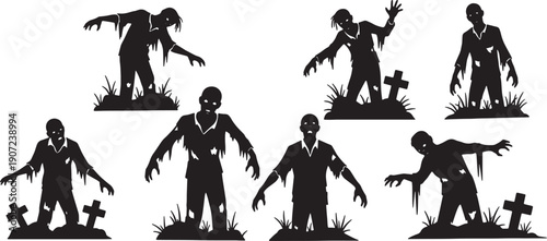 Black Solid Zombie Rising from Grave Silhouettes Set of Six on White Background