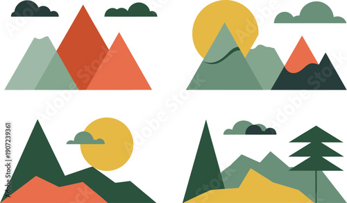 Geometric mountain icons and wilderness symbols vector for travel logo design outdoor adventure branding and nature photography watermark templates