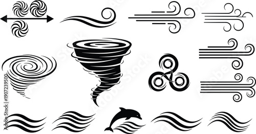 Abstract wind and water motion icon set featuring airflow lines, tornado spirals, waves, vortex symbols, and dynamic movement elements in bold black vector style