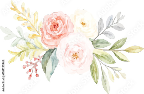 Illustration of watercolor floral arrangement with pink and white roses and green foliage