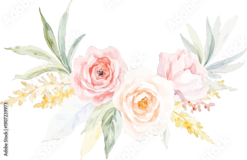 Illustration of watercolor floral arrangement with pink and cream roses and green foliage
