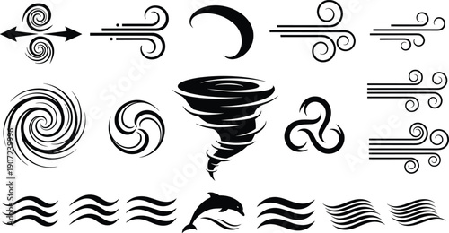 Abstract wind and water symbol icon set featuring swirl, wave, tornado, airflow, and motion elements in minimal black vector design