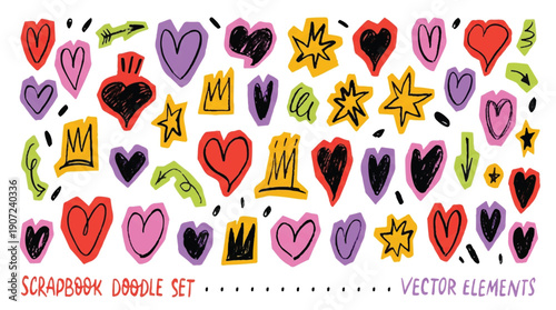 colorful scrapbook doodle set with hearts stars crowns and arrows