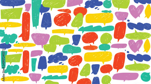 colorful speech bubbles in various shapes and sizes on white background