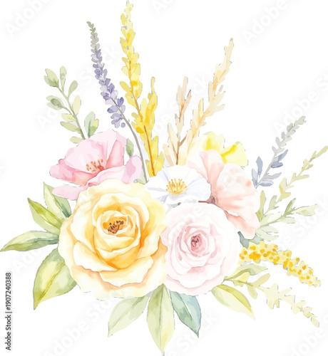 Illustration of watercolor bouquet of pastel yellow and pink roses with dried grasses