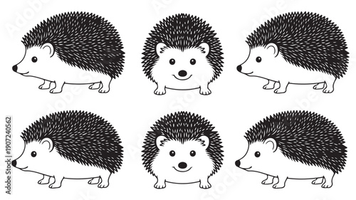 Set of adorable black and white cartoon hedgehog illustrations in diverse poses, ideal for children's book designs, educational resources, or charming nature-inspired graphic projects