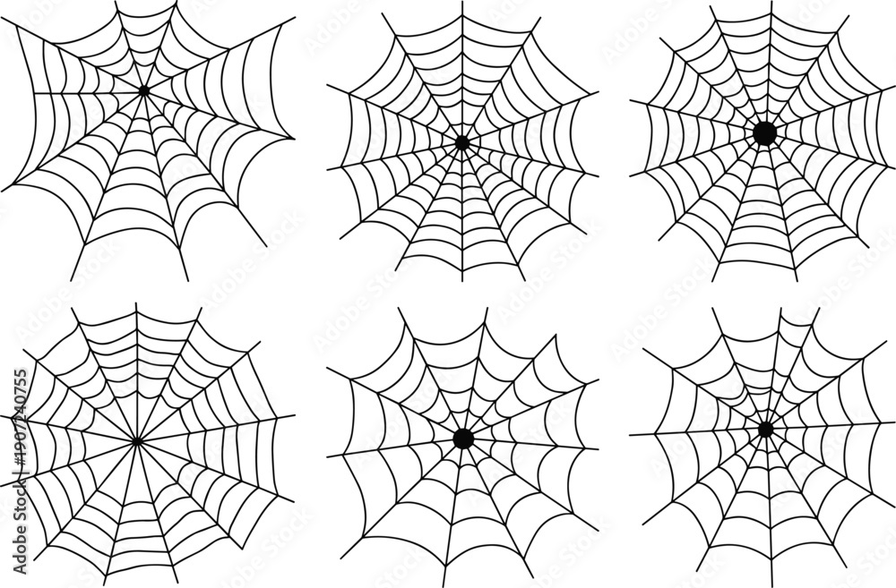 Obraz premium Spider web vector set with six cobweb designs in black line art style, spooky Halloween decoration elements, horror spiderweb illustrations isolated on white background.