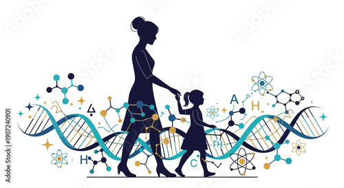 Illustration of a woman and a little girl walking hand in hand amidst DNA strands and scientific symbols, celebrating World Day of Woman and Girls in Science with a vibrant design.