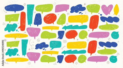 Colorful speech bubbles with stars and swirls on white background for communication design