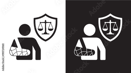 Personal injury law protection concept, illustrated with a minimalist icon of a person with a broken arm under a shield with scales of justice
