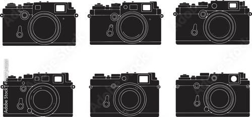 Black Solid Vintage Rangefinder Camera Silhouettes Set of Six on White Background