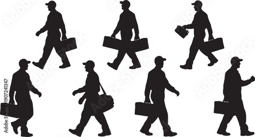 Black Solid Mechanic With Toolbox Silhouettes Set of Six on White Background