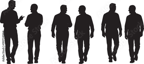 Black Solid Manager Walking and Talking Silhouettes Set of Six on White Background
