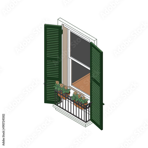 An open window with green shutters and a small balcony with flowers