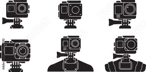 Black Solid Wearable Camera Silhouettes Set of Six on White Background