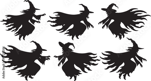Black Solid Windblown Cloak Witch Silhouettes Set of Six on White Background