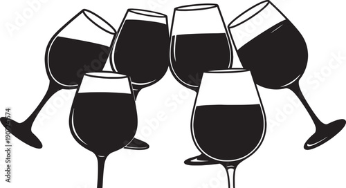 Black Solid Wine Glass Toast Silhouettes Set of Six on White Background