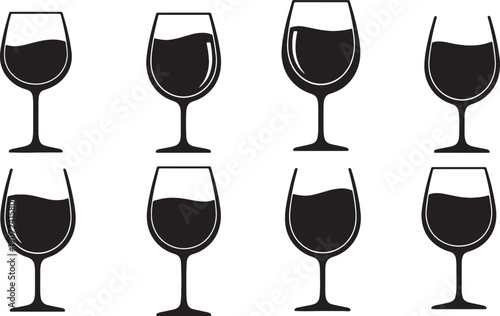Black Solid Wine Color Hint Glasses Silhouettes Set of Six on White Background