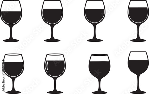 Black Solid Wine Levels Glasses Silhouettes Set of Six on White Background