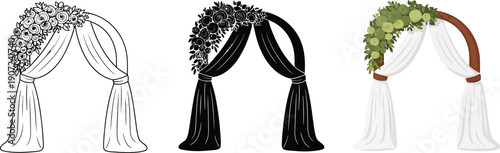 Collection of wedding arches with floral decorations and draped fabric vector illustrations for event design and decoration concepts