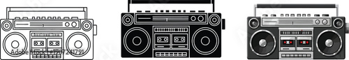 Collection of retro boombox icons vintage portable music player illustrations in flat design for music and 80s themes