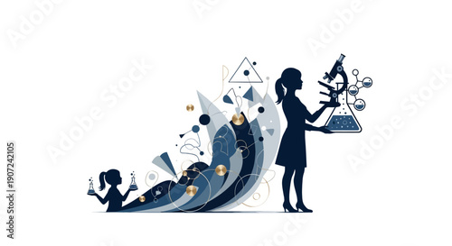 Illustration of a female scientist and a little girl engaging in science activities on World Day of Woman and Girls in Science with a design icon for gender equality in a graphic resource