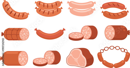 Sausage and Meat Illustration Set with Links, Cuts, Slices, and Processed Varieties for Butcher Shops, Food Packaging, Grocery Branding, and Menu Designs