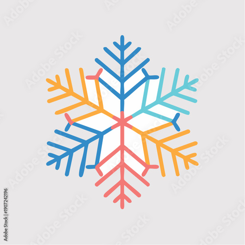 Colorful, abstract snowflake illustration with geometric segments in cool and warm tones, symbolizing winter and diversity