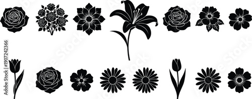 Collection of Floral Silhouettes Featuring Roses, Lilies, Tulips, and Daisies in Black Vector Style for Botanical Design, Patterns, and Decorative Ornaments