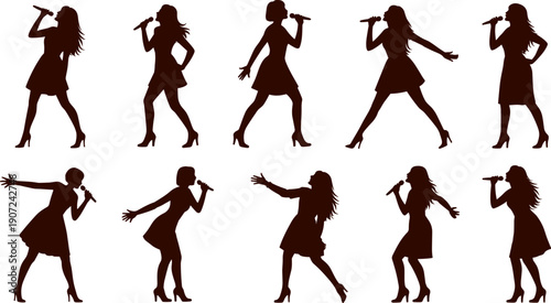 Women singing silhouettes illustration, stage performance poses, microphone singers, expressive movement, concert icons, dynamic music art, vocal performance concept