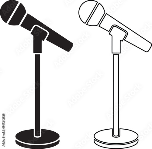 Microphone on stand icon and audio equipment vector set. Speech recording device symbol. Black silhouette and outline design isolated for karaoke music or news interview logo.