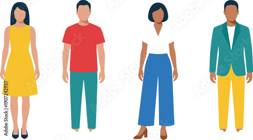 Vector illustration of diverse men and women standing in colorful casual and smart business outfits, modern fashion character set isolated,