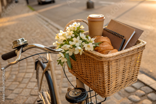 a vintage bicycle with wicker basket holding flowers, coffee cup and notebook. Ideal for spring, slow living, urban lifestyle and morning routine concepts.