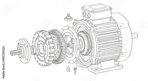 Electric Motor Cutaway Line Illustration Showing Mechanical Assembly And Industrial Power System

