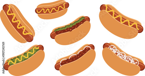 Hot Dog Illustration Set with Different Toppings and Angled Views for Fast Food Menus, Street Food Branding, Restaurant Graphics, and Snack Designs
