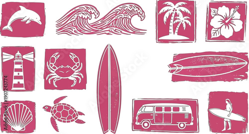Pink Tropical Surf Icon Set with Linocut Style Beach Elements, Sea Life Stamps, and Vintage Summer Graphics
