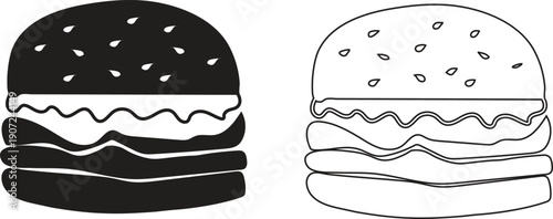 Black silhouette and outline of a layered hamburger on white food fast food
